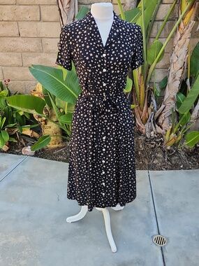 HVN Silk Morgan Dress Floral 40s Midi Black Tan Star Pribt Size 4